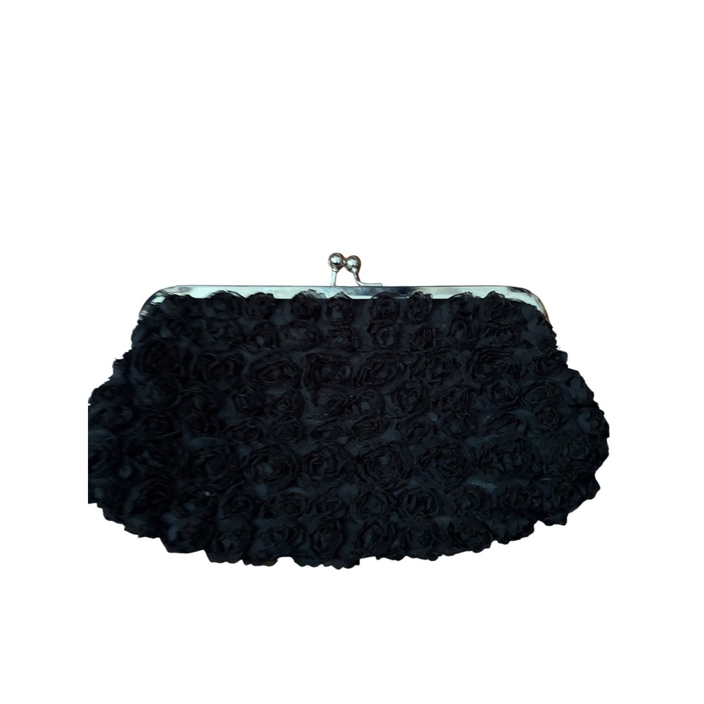 Black 3D Rosette Floral Evening Clutch Silver Kiss Lock Convertible Chain‎ Strap
